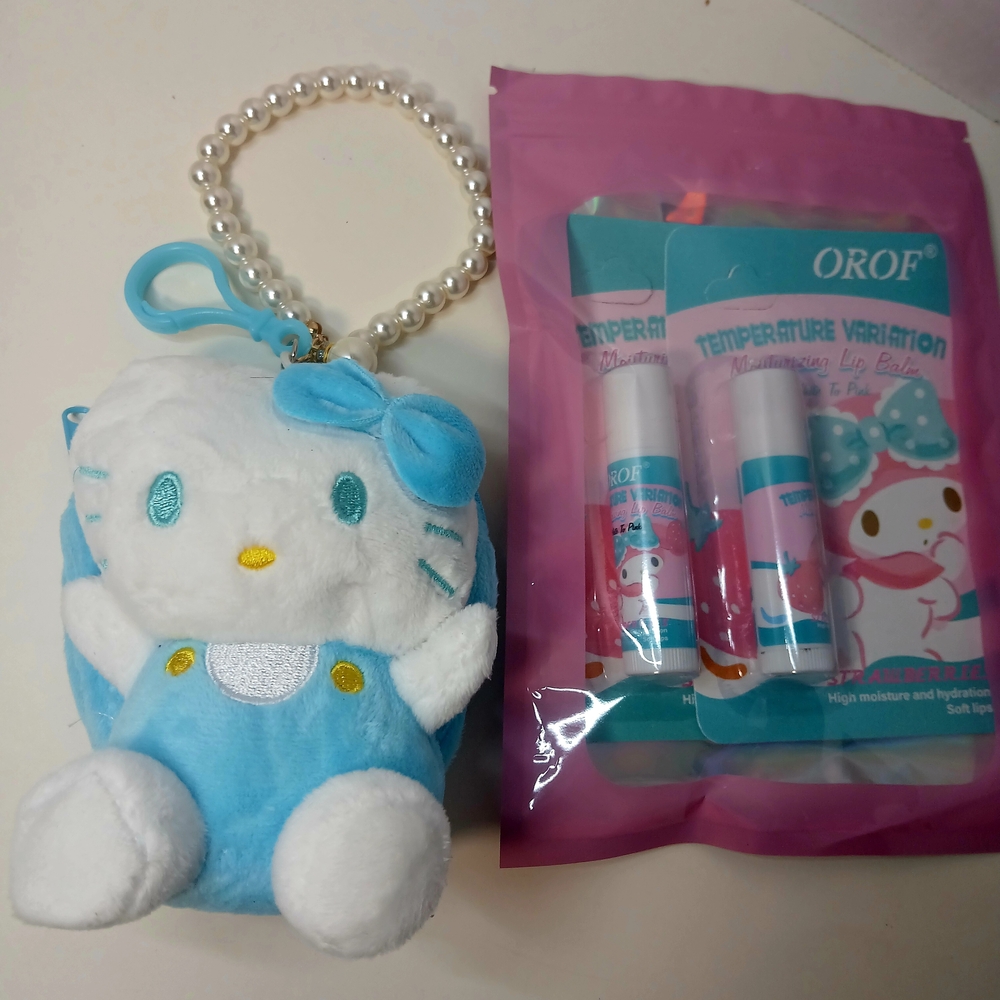 Blue and White Plush Keychain with Lip Balm Set